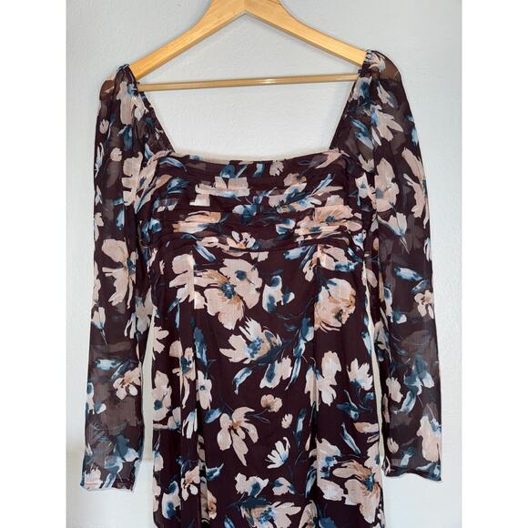 Abercrombie & Fitch Brown Emerson Long Sleeve Sheer Floral Midi Dress Sz Medium - Picture 4 of 8